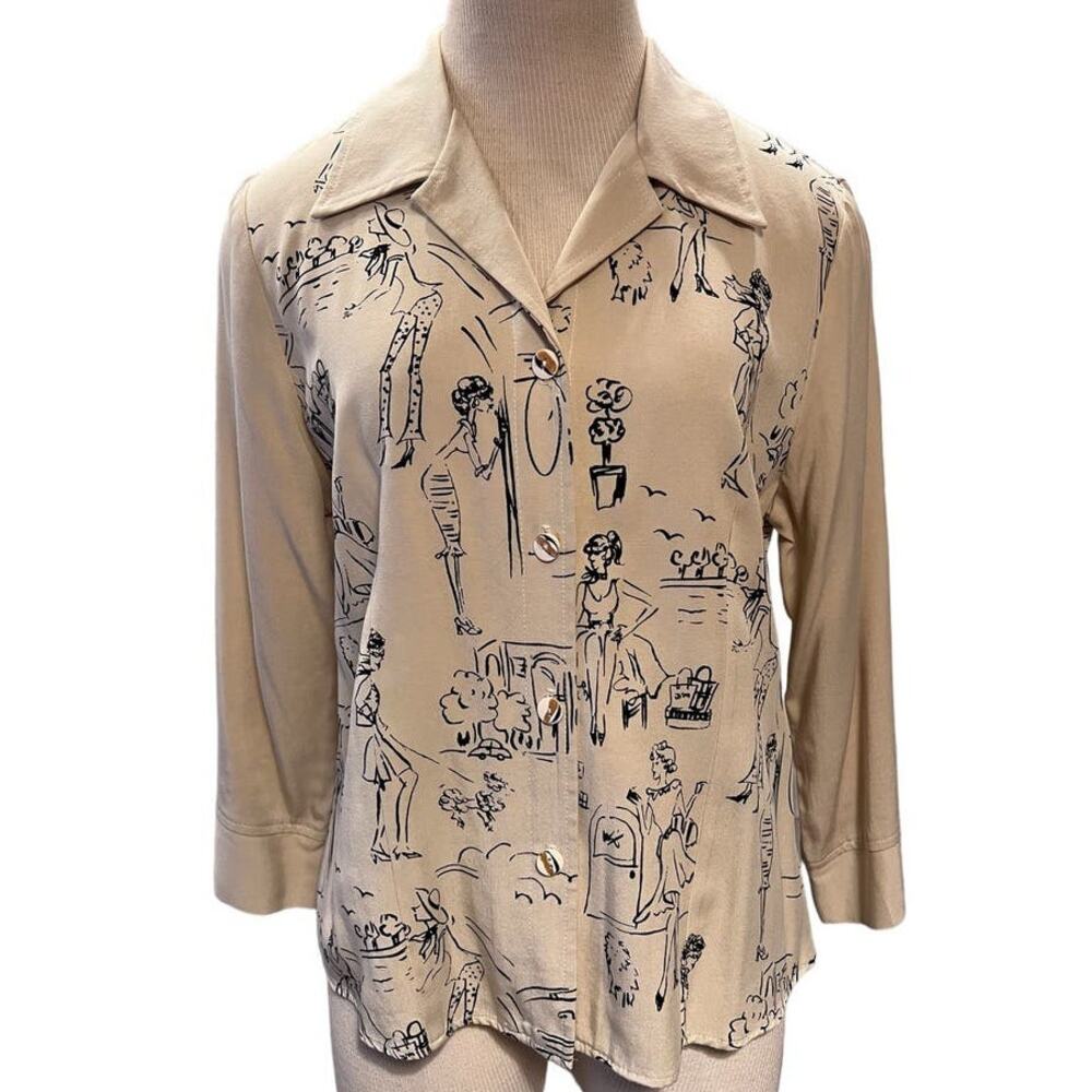 VTG 90s y2k Buttoned Jacket Blazer Top Lagenlook SZ S Cream Black Wearable Art